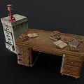 Vintage Wooden Office Desk With Matching Drawer Cabinet Stacked Books And Classic Lantern