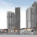 Modern High Rise Office Towers With Green Landscaped Areas And Pedestrian Paths