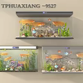 Colorful Aquatic Animals in Wall Mounted Fish Tanks with Aquatic Plants and Decorations