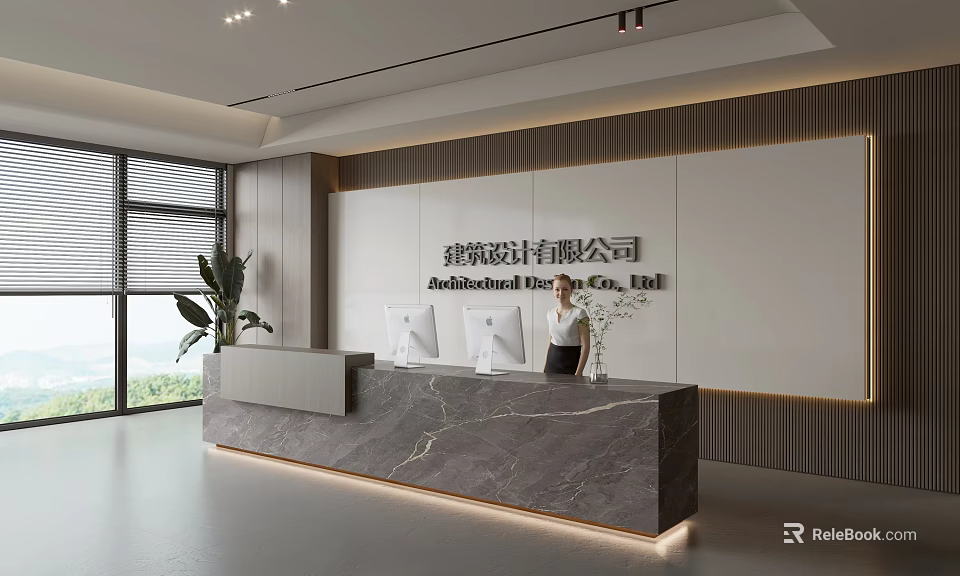Modern Office Reception Desk With Marble Countertop Female Receptionist And Green Plant By Large Window 3d model 