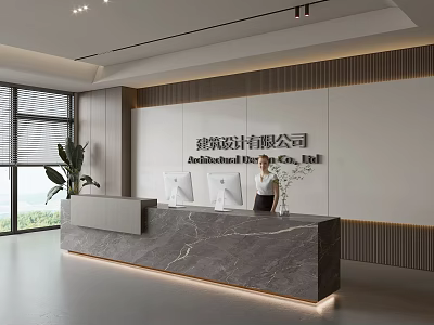 Modern Office Reception Desk With Marble Countertop Female Receptionist And Green Plant By Large Window 3d model
