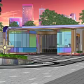 Modern Entrance Gate With Glass Structure Surrounded By Green Trees And Urban Skyline At Sunset