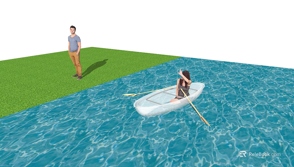 Man Standing On Green Grass Watching Woman Rowing Transparent Boat In Blue Water 3d model 
