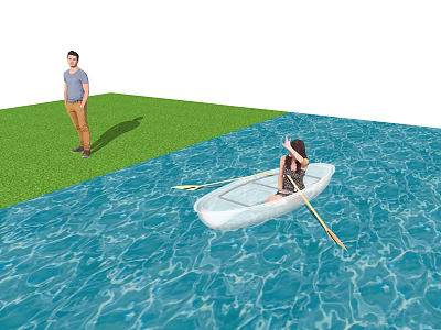 Man Standing On Green Grass Watching Woman Rowing Transparent Boat In Blue Water 3d model