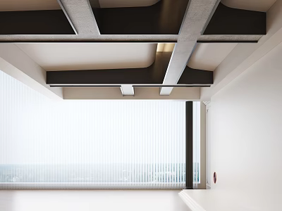 Modern Interior Space With Exposed Ceiling Beams And Venetian Blind Window 3d model