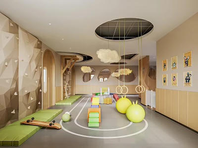 Vibrant Kindergarten Interior With Climbing Wall Soft Mats Hanging Clouds And Ring Swings 3d model