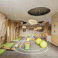 Vibrant Kindergarten Interior With Climbing Wall Soft Mats Hanging Clouds And Ring Swings