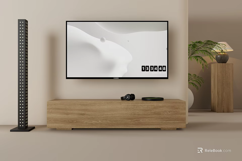 Light Oak TV Stand with Camera Black Decor Under Wall Mounted TV Green Plant 3d model 