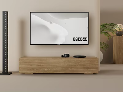 Light Oak TV Stand with Camera Black Decor Under Wall Mounted TV Green Plant 3d model