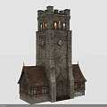 Castle Style Stone Tower Featuring Clocks Stained Glass Windows Brown Roof And Arched Wooden Door