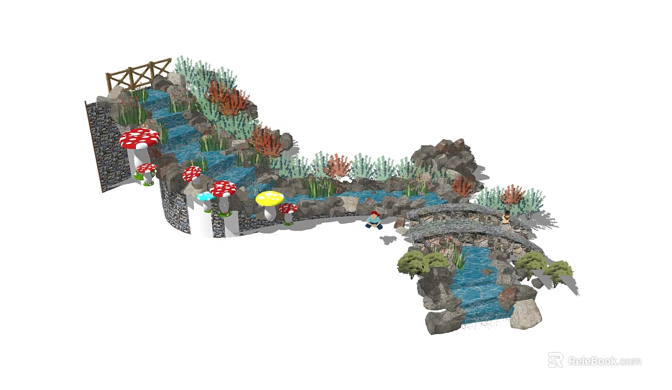 Charming Garden Ornament With Flowing Stream Stones Mushroom Decor Small Bridge And Green Plants 3d model 
