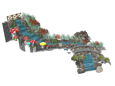 Charming Garden Ornament With Flowing Stream Stones Mushroom Decor Small Bridge And Green Plants 3d model