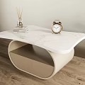 Modern Coffee Table with White Marble Top Curved Beige Base and Decorative Items 3d model