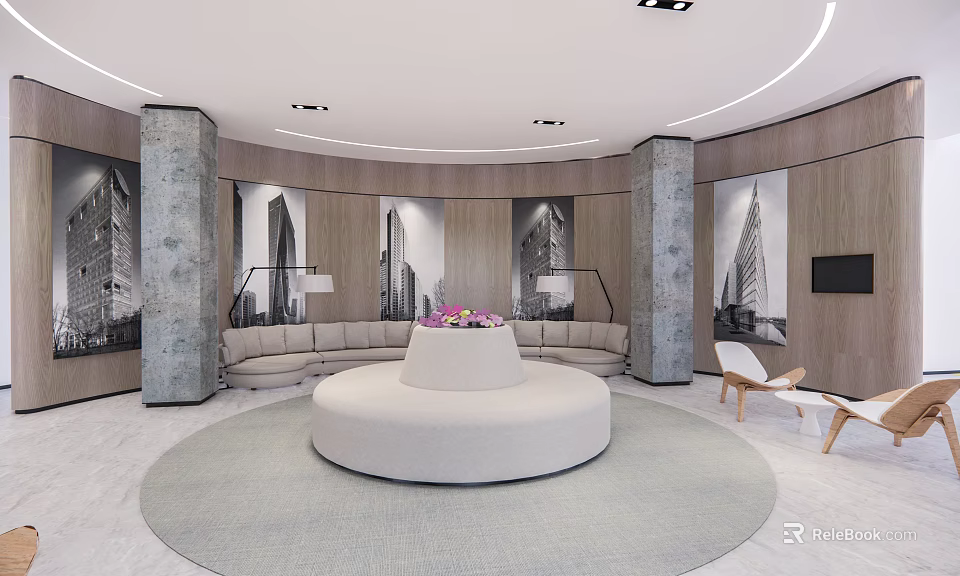 Modern Leisure Area With Circular Sofa Round Rug Stone Pillars And Wooden Walls 3d model 