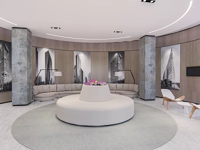 Modern Leisure Area With Circular Sofa Round Rug Stone Pillars And Wooden Walls 3d model