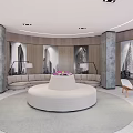 Modern Leisure Area With Circular Sofa Round Rug Stone Pillars And Wooden Walls