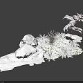Snow Covered Courtyard Garden With Rocks And Lush Green Fern Plants