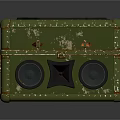 Vintage Green Square Electronic Device With Worn Out Appearance And Orange Circular Speakers