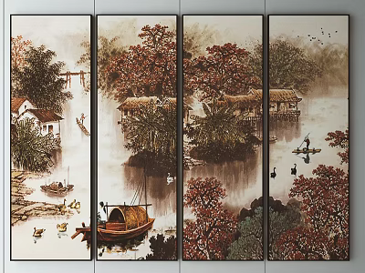 Chinese Landscape Painting On Four Panel Screen With Red Autumn Leaves Traditional Houses Wooden Boat And Ducks 3d model