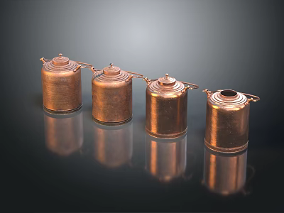 Elegant Traditional Copper Tea Set with Handles and Lids on Black Surface 3d model