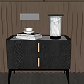 Modern Dark Wood Nightstand With Two Drawers Gold Handles Marble Base Lamp Coffee Cup Books
