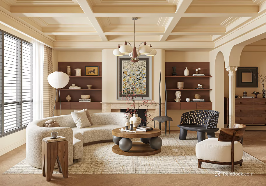 Elegant Living and Dining Room Interior Design With Chandelier Shelves Sofa Coffee Table and Rug 3d model 