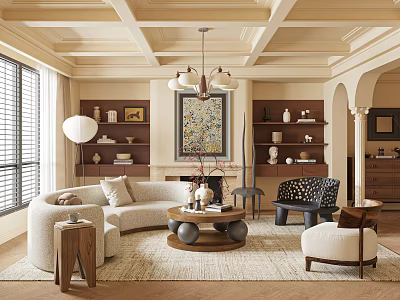 Elegant Living and Dining Room Interior Design With Chandelier Shelves Sofa Coffee Table and Rug 3d model