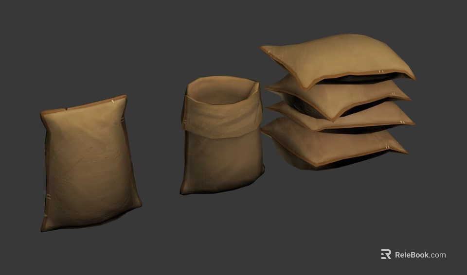 Brown Fabric Bags And Stacked Pillows In Various Shapes On Gray Background 3d model 