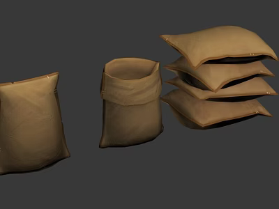 Brown Fabric Bags And Stacked Pillows In Various Shapes On Gray Background 3d model