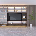 Modern TV Wall Unit with Glass Door Cabinets Layered Shelves Built-in Lighting and Potted Plant