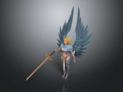 Warrior Woman With Blue Wings Golden Crown And Sword In Armor 3d model
