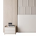 Modern Bedroom Interior With Geometric Panel Wall Light Beige Headboard And Wooden Nightstands