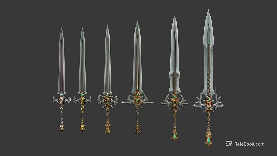 Collection of Decorative Swords with Ornate Handles and Sharp Metal Blades 3d model 