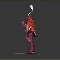 3D Purple Game Movie Character With Red Cape White Patterns Holding Weapon On White Base