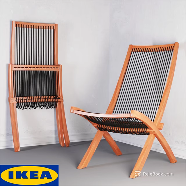 Wooden Frame Single Chair With Black And White Striped Woven Seat And Foldable Design 3d model 