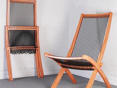 Wooden Frame Single Chair With Black And White Striped Woven Seat And Foldable Design 3d model