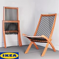 Wooden Frame Single Chair With Black And White Striped Woven Seat And Foldable Design