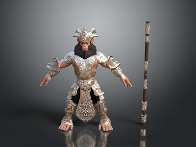 Silver Armored Mythical Warrior Character With Ornamental Headdress And Long Staff 3d model