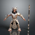 Silver Armored Mythical Warrior Character With Ornamental Headdress And Long Staff