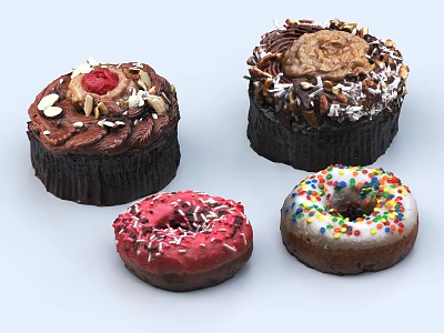 Delicious Assorted Desserts Featuring Cupcakes Donuts With Cherry Nuts Peanut Butter And Colorful Sprinkles 3d model