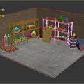 Multi Tier Metal Storage Shelves in Warehouse Corner Organizing Red Jars Wooden Boxes and Barrels