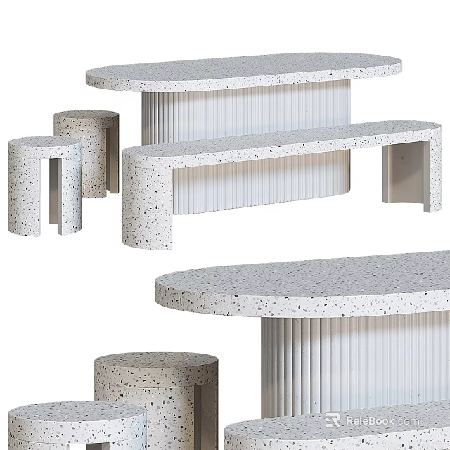 Modern Terrazzo Table And Bench Set With Sleek White Speckled Surface And Minimalist Design 3d model 
