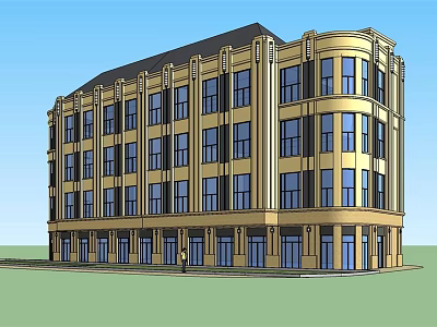 Elegant Multi Story Building With Yellow Exterior Many Windows And Ground Floor Entrances 3d model