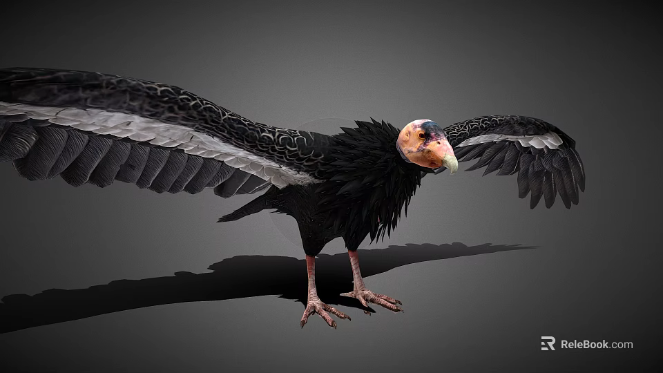 Majestic Flying Vulture with Spread Wings Black Feathers White Wingtips and Orange Head 3d model 