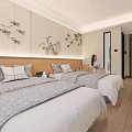 Modern Hotel Guest Room With Two Beds Tree Patterned Wallpaper And Wooden Flooring