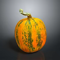Round Orange And Green Striped Pumpkin With Green Stem On Dark Background
