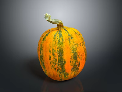 Round Orange And Green Striped Pumpkin With Green Stem On Dark Background 3d model