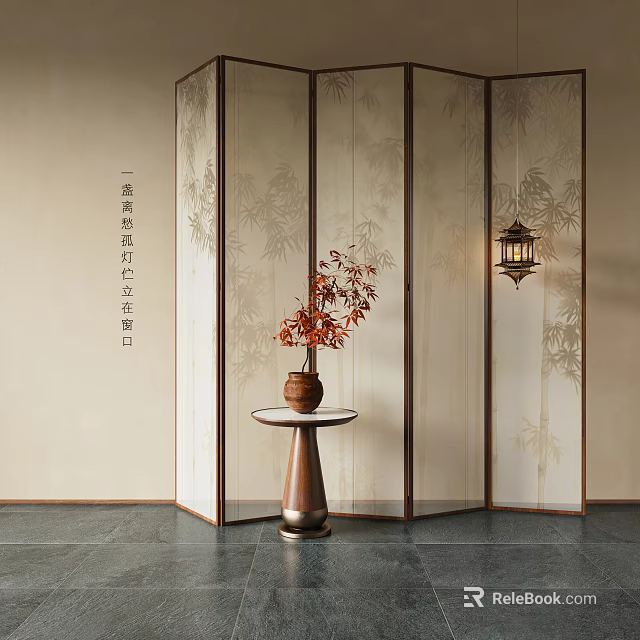 Traditional Chinese Bamboo Pattern Screen With Decorative Vase And Hanging Lantern Light 3d model 