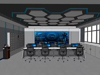 Security Monitoring Room With Large Digital Screens Control Desks And Ergonomic Chairs 3d model