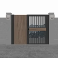 Modern Wooden Gate With Black Metal Frame Slatted Design And Stone Pillars For Courtyard